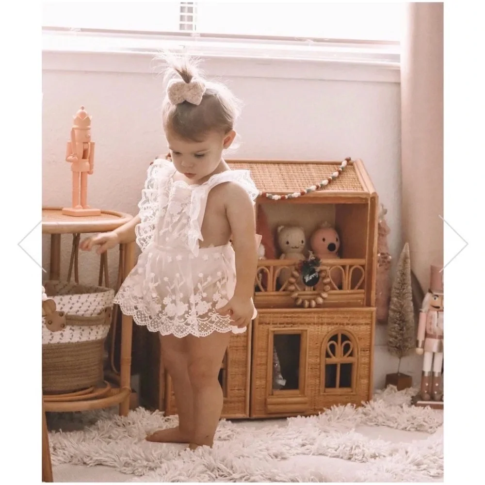 Bodoke Kids Boutique Octavia Lace Romper Dress Natural Ivory Size 90, 12-18m